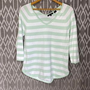 Jeanne Pierre Sweater 100% Cotton V-Neck Teal & White Chevron 3/4 Sleeves Medium